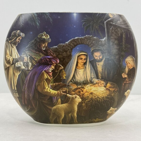 Stony Creek Nativity Scene Illuminated Glass Orbis Vase By Dona Gelsinger Oval - Picture 2 of 14